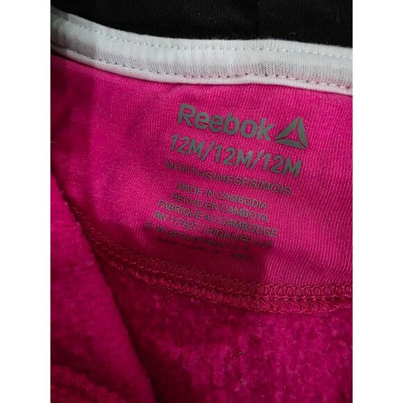 REEBOK Girls Sz 12 Months Fuchsia Hooded Soft Fleece Lined 1 Pc Romper Outfit - Picture 2 of 6